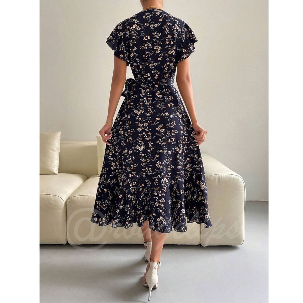 Boho Navy Blue Floral V neck Ruffle Hem Midi Length, A Line Wrap Style - Picture 5 of 10